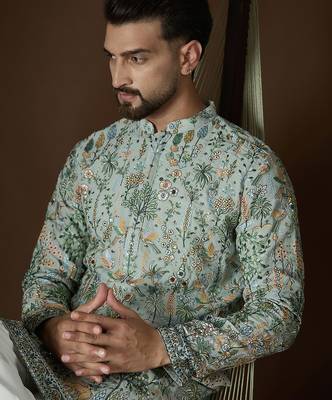 Sea green georgette solid embroidered kurta with trouser set | designer ethnic wear for men 1