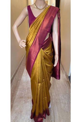 Yellow pink silk blend jacuard work festival saree with unstitched blouse piece