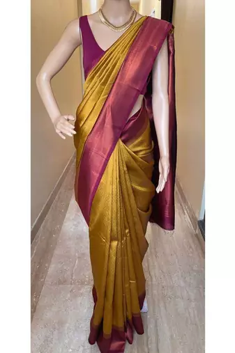 Yellow pink silk blend jacuard work festival saree with unstitched blouse piece