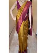 Yellow pink silk blend jacuard work festival saree with unstitched blouse piece