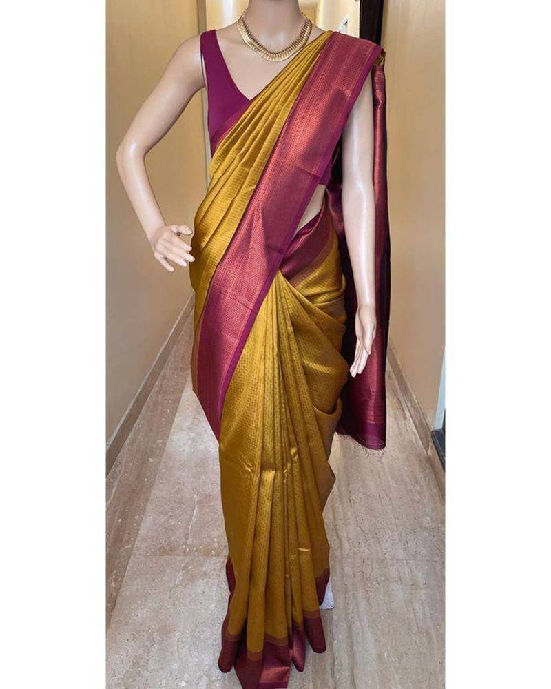 Yellow pink silk blend jacuard work festival saree with unstitched blouse piece