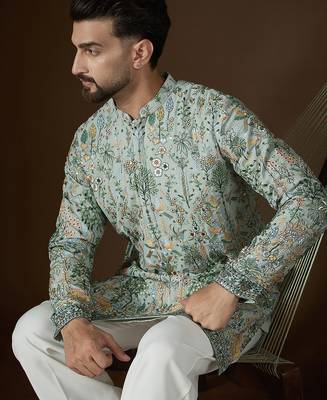 Sea green georgette solid embroidered kurta with trouser set | designer ethnic wear for men 2