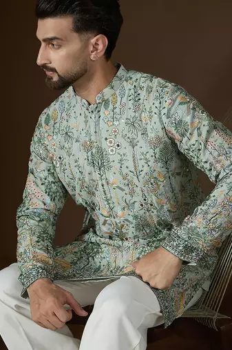 Sea green georgette solid embroidered kurta with trouser set | designer ethnic wear for men