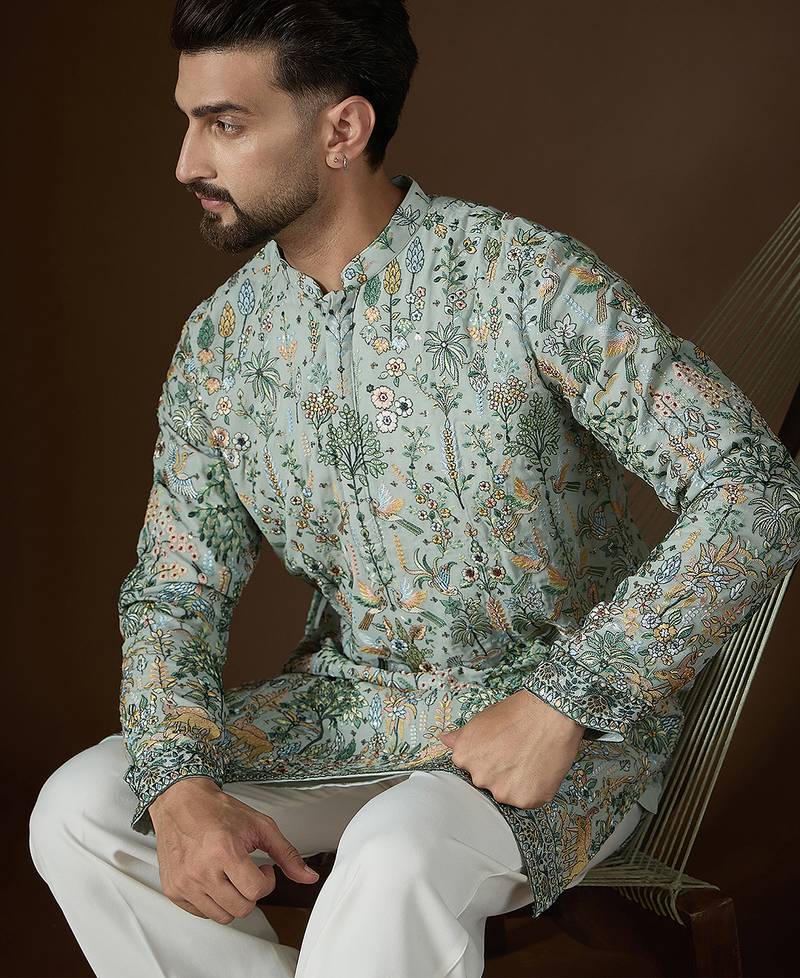 Sea green georgette solid embroidered kurta with trouser set | designer ethnic wear for men