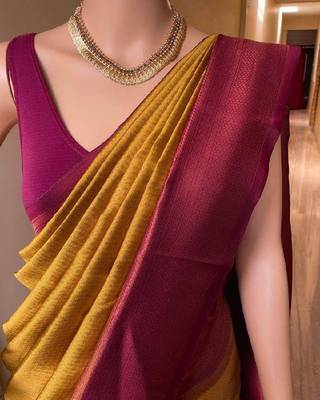 Yellow pink silk blend jacuard work festival saree with unstitched blouse piece 2