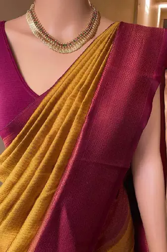 Yellow pink silk blend jacuard work festival saree with unstitched blouse piece