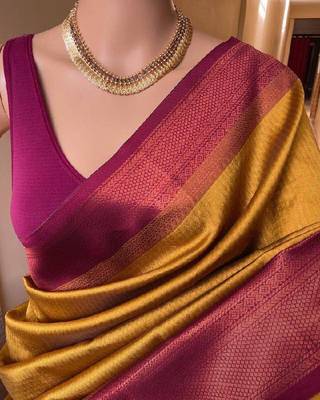 Yellow pink silk blend jacuard work festival saree with unstitched blouse piece 3