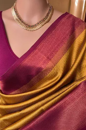 Yellow pink silk blend jacuard work festival saree with unstitched blouse piece