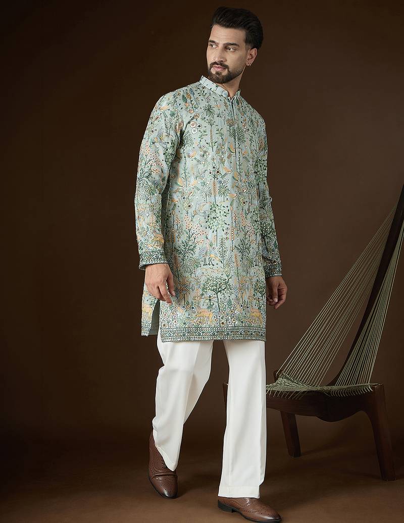 Sea green georgette solid embroidered kurta with trouser set | designer ethnic wear for men