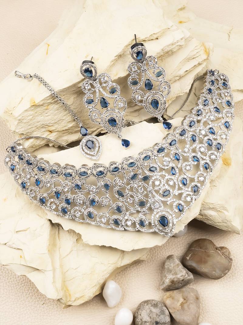 Ad stone blue necklace set with earrings for women