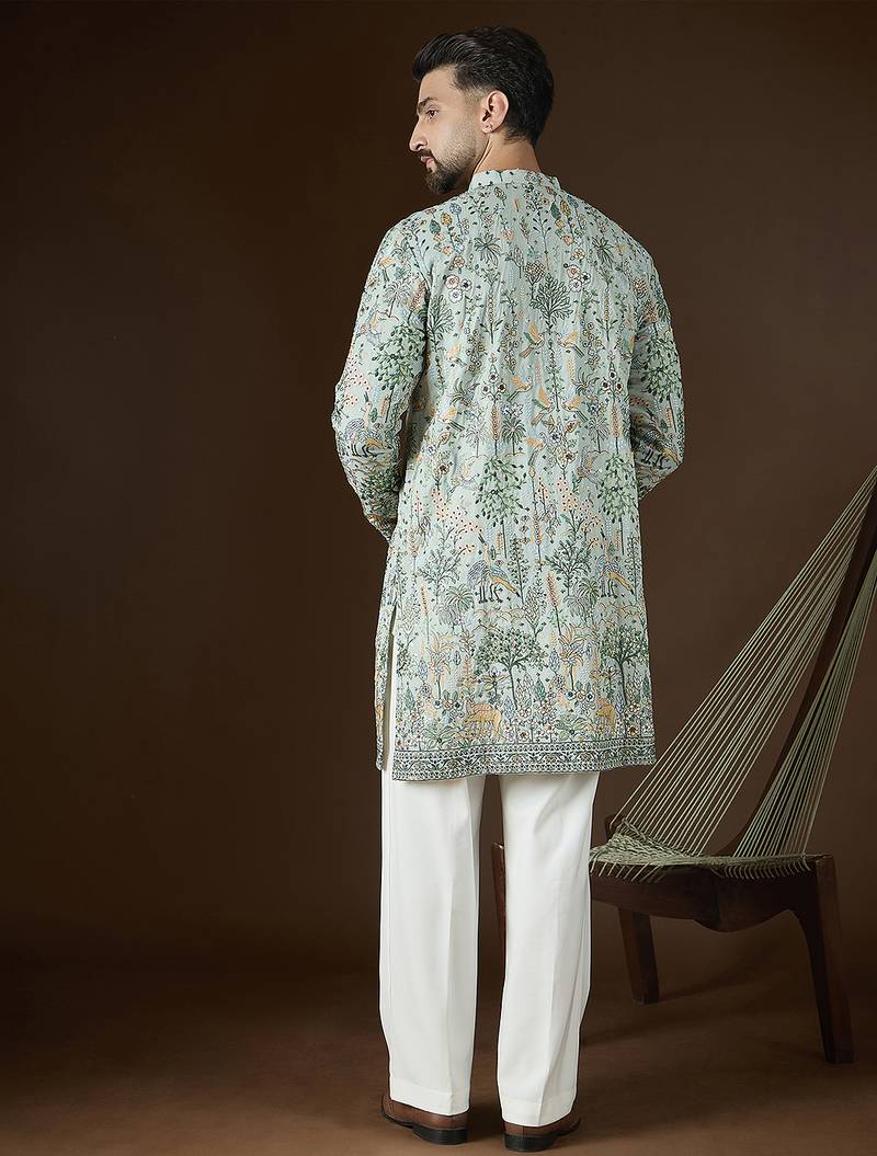 Sea green georgette solid embroidered kurta with trouser set | designer ethnic wear for men