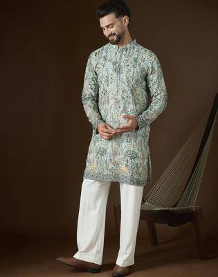 Sea green georgette solid embroidered kurta with trouser set | designer ethnic wear for men 5