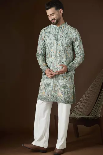 Sea green georgette solid embroidered kurta with trouser set | designer ethnic wear for men