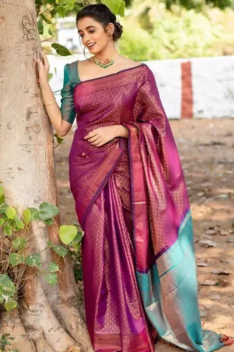 Purple rama silk blend jacuard work festival saree with unstitched blouse piece