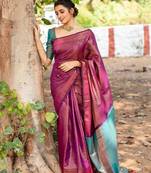 Purple rama silk blend jacuard work festival saree with unstitched blouse piece