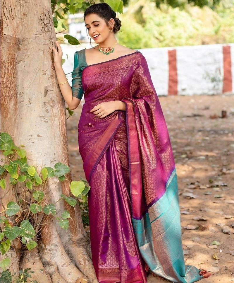 Purple rama silk blend jacuard work festival saree with unstitched blouse piece
