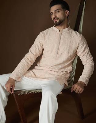 Peach georgette solid embroidered kurta with trouser set | designer ethnic wear for men 1