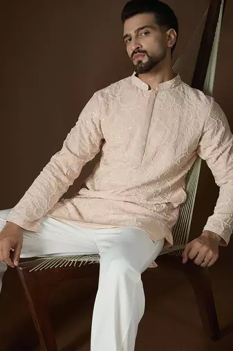Peach georgette solid embroidered kurta with trouser set | designer ethnic wear for men