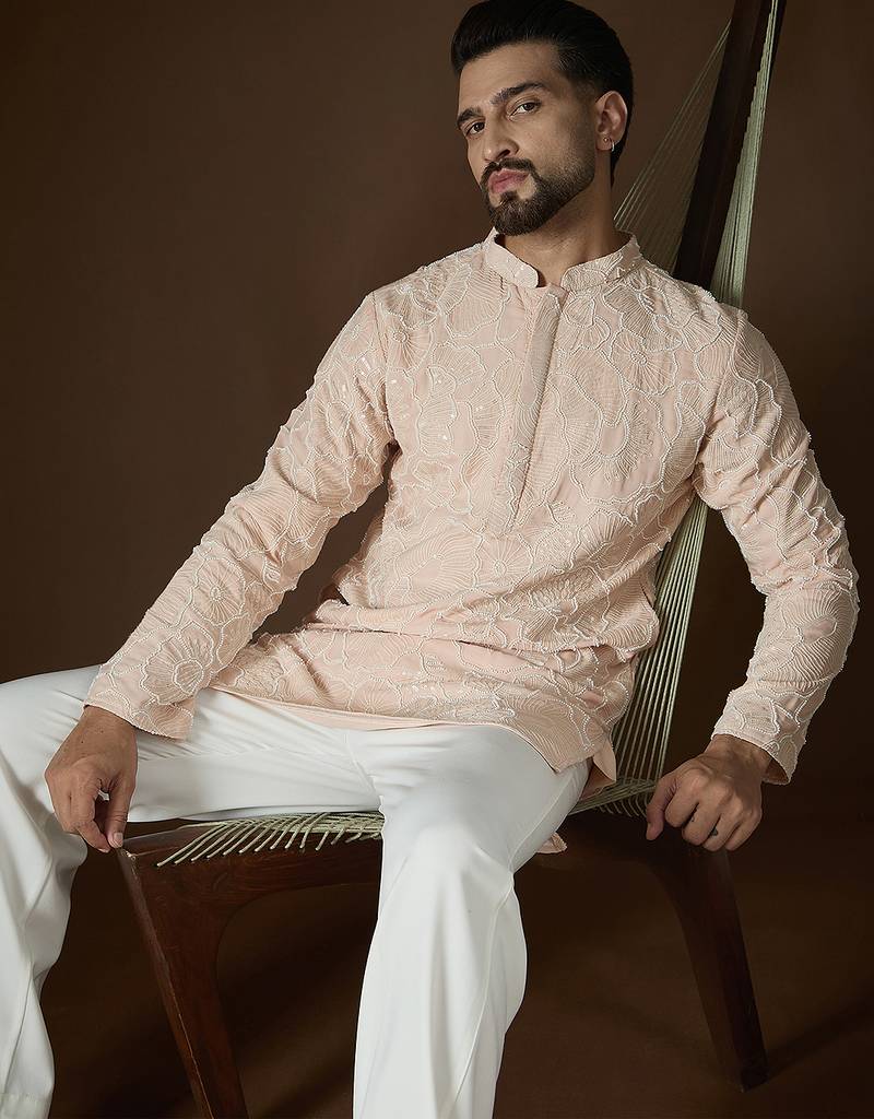 Peach georgette solid embroidered kurta with trouser set | designer ethnic wear for men
