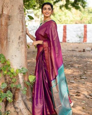 Purple rama silk blend jacuard work festival saree with unstitched blouse piece 2