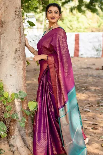 Purple rama silk blend jacuard work festival saree with unstitched blouse piece
