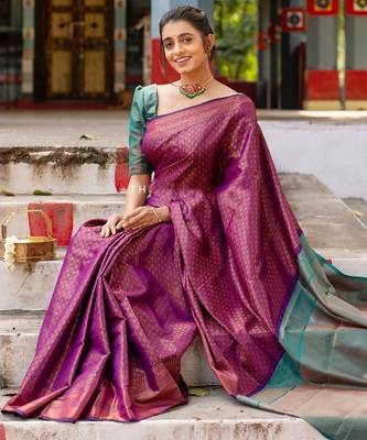 Purple rama silk blend jacuard work festival saree with unstitched blouse piece 3