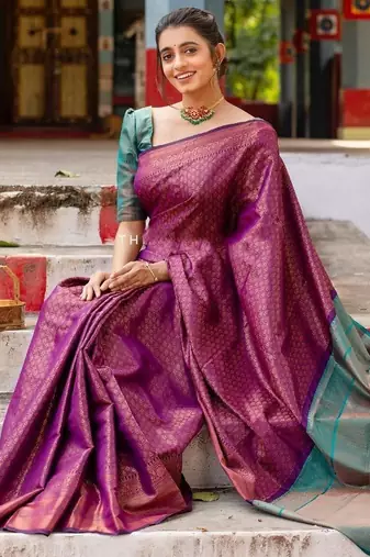 Purple rama silk blend jacuard work festival saree with unstitched blouse piece