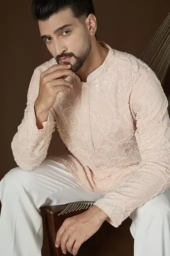 Peach georgette solid embroidered kurta with trouser set | designer ethnic wear for men