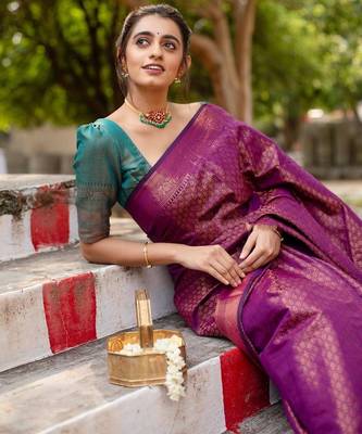 Purple rama silk blend jacuard work festival saree with unstitched blouse piece 4