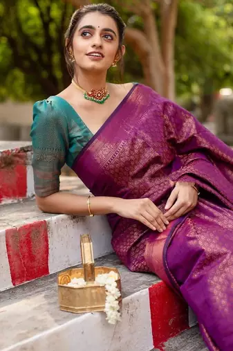Purple rama silk blend jacuard work festival saree with unstitched blouse piece