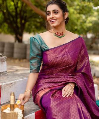 Purple rama silk blend jacuard work festival saree with unstitched blouse piece 5