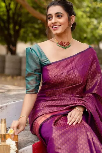 Purple rama silk blend jacuard work festival saree with unstitched blouse piece