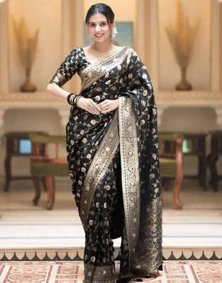 Black silk blend jacuard work festival saree with unstitched blouse piece 1