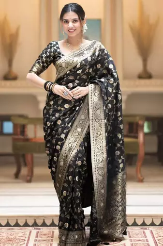 Black silk blend jacuard work festival saree with unstitched blouse piece