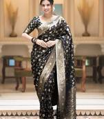 Black silk blend jacuard work festival saree with unstitched blouse piece