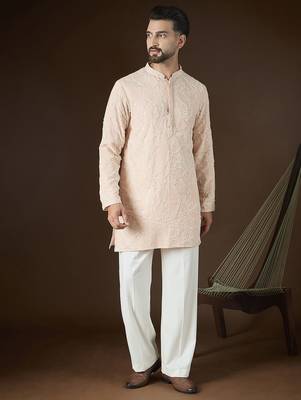 Peach georgette solid embroidered kurta with trouser set | designer ethnic wear for men 5