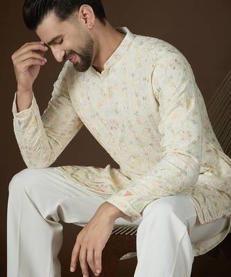 Off white georgette solid embroidered kurta with trouser set | designer ethnic wear for men 1