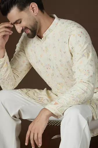 Off white georgette solid embroidered kurta with trouser set | designer ethnic wear for men