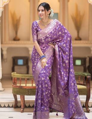 Lavender silk blend jacuard work festival saree with unstitched blouse piece 1