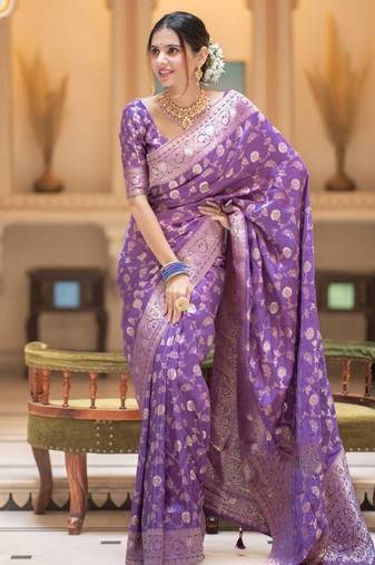 Lavender silk blend jacuard work festival saree with unstitched blouse piece