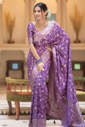 Lavender silk blend jacuard work festival saree with unstitched blouse piece