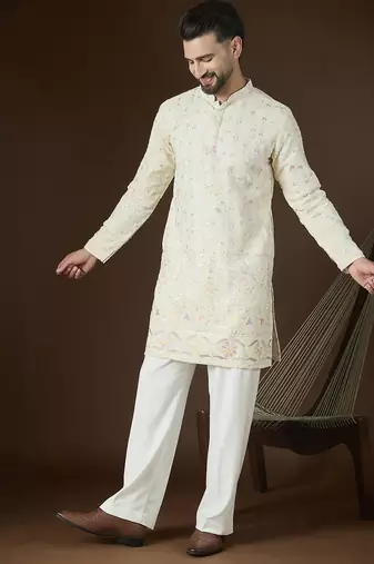 Off white georgette solid embroidered kurta with trouser set | designer ethnic wear for men