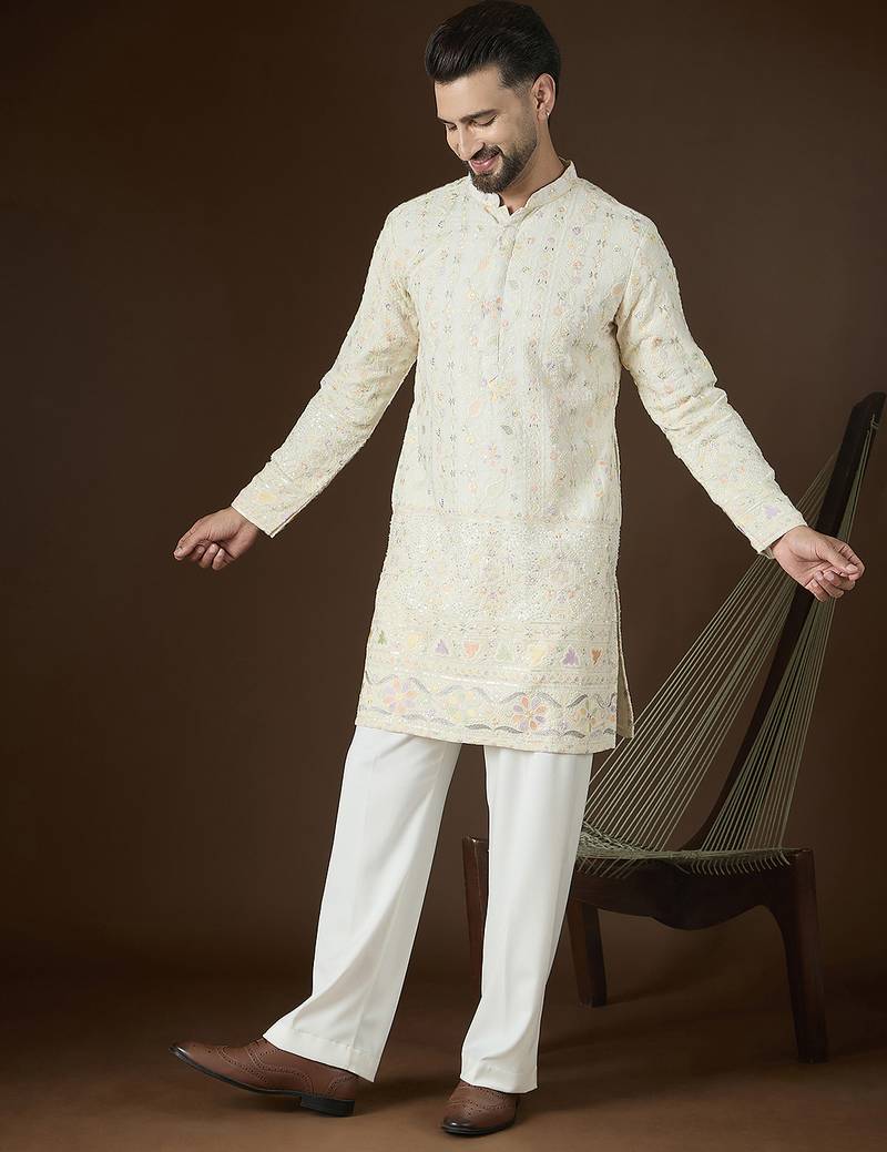 Off white georgette solid embroidered kurta with trouser set | designer ethnic wear for men