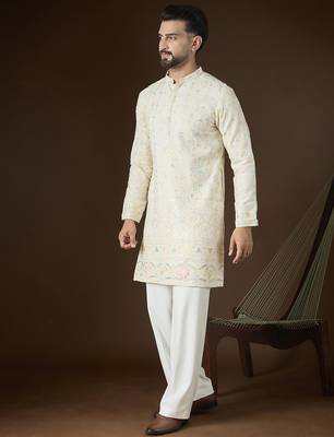 Off white georgette solid embroidered kurta with trouser set | designer ethnic wear for men 3