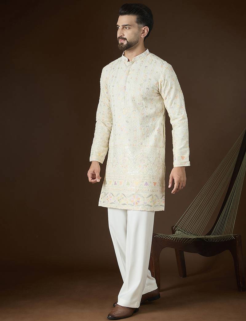 Off white georgette solid embroidered kurta with trouser set | designer ethnic wear for men