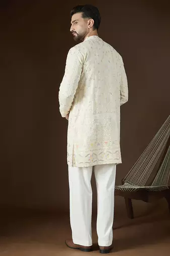 Off white georgette solid embroidered kurta with trouser set | designer ethnic wear for men