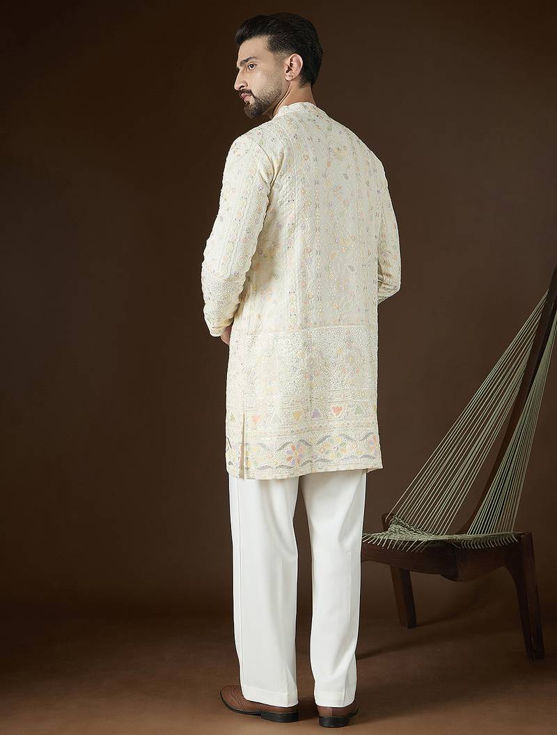 Off white georgette solid embroidered kurta with trouser set | designer ethnic wear for men