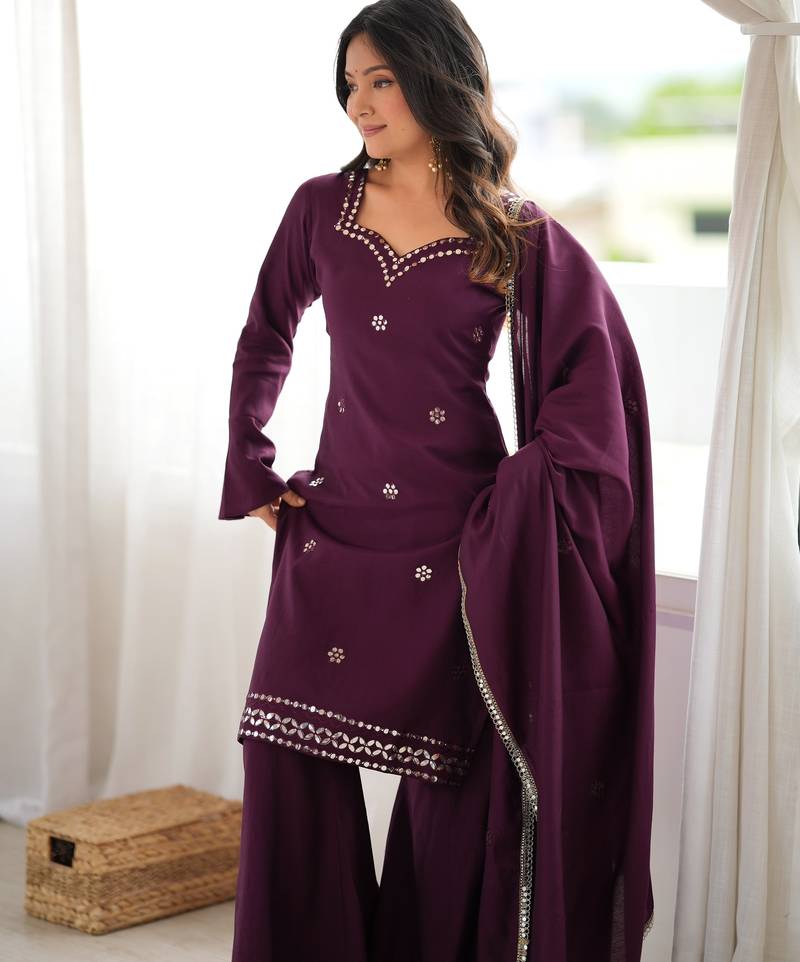 Pulm designer roman silk blend foil work palazzo suit set