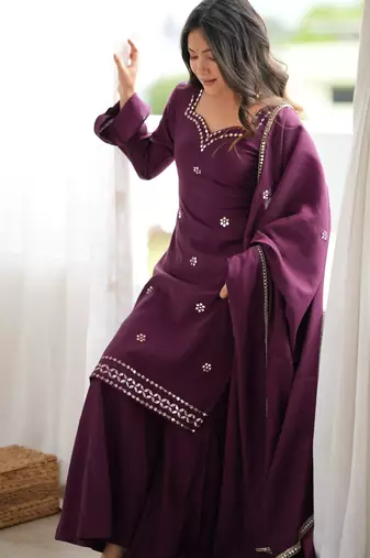 Pulm designer roman silk blend foil work palazzo suit set