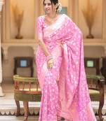 Pink silk blend jacuard work festival saree with unstitched blouse piece